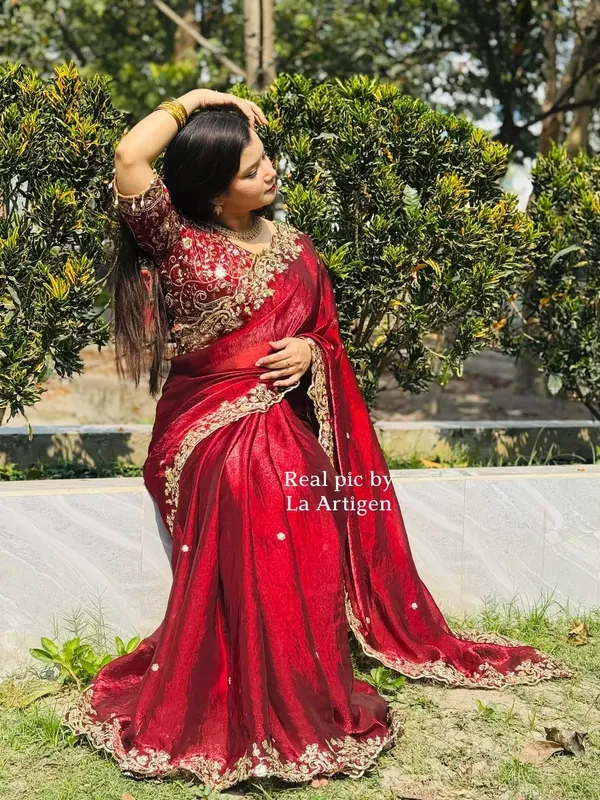 Maroon_Embroidered_Silk_Saree_With_Golden_Border_And_Blouse