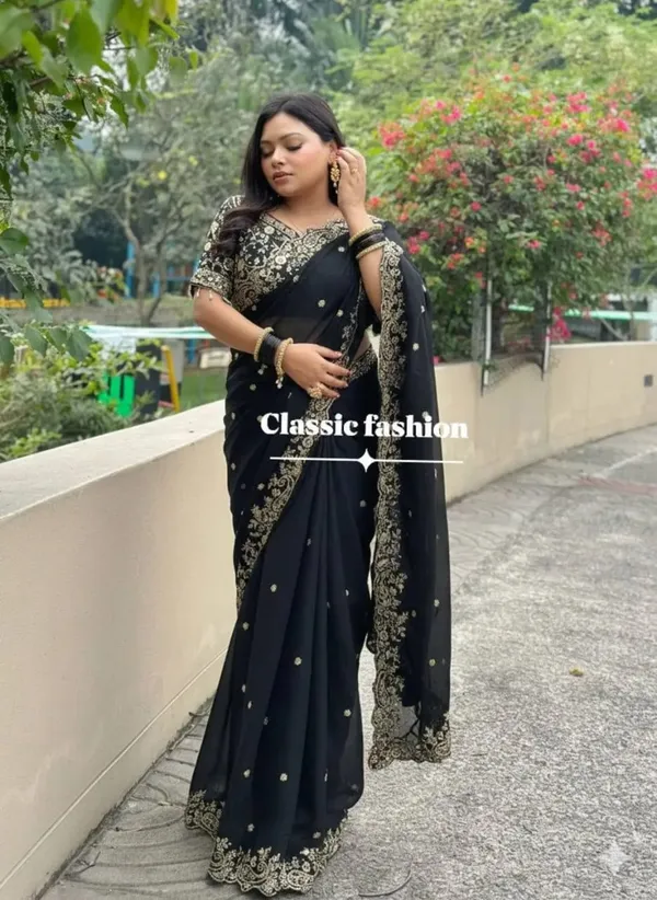 Black_Embroidered_Saree_With_Golden_Border_And_Blouse