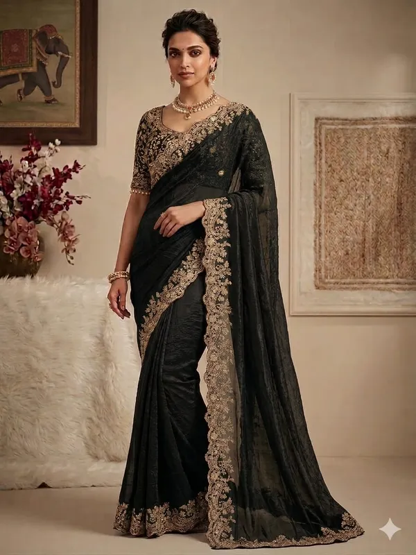 Black_Embroidered_Saree_With_Heavy_Border_And_Blouse