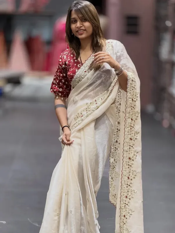 White_Organza_Saree_With_Sequin_Border_And_Maroon_Embroidered_Blouse