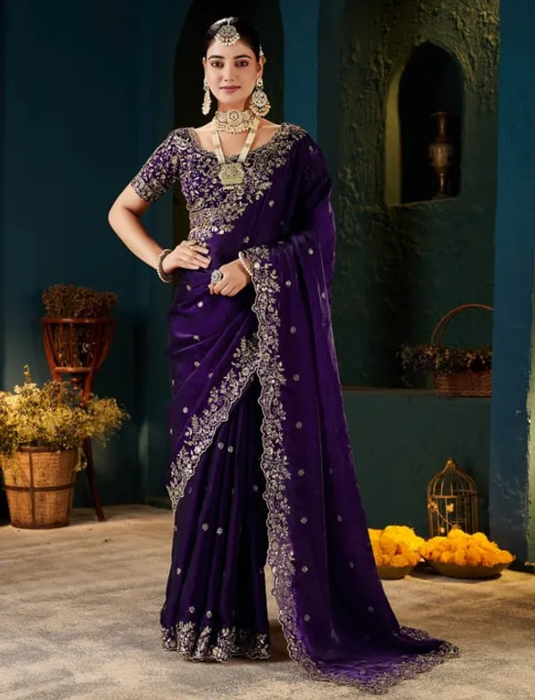 Purple_Embroidered_Velvet_Blouse_With_Scalloped_Neckline_And_Tassel_Details