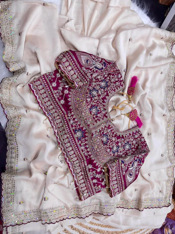 Embellished_Ethnic_Blouse_With_Dupatta_Set_Maroon_And_Offwhite