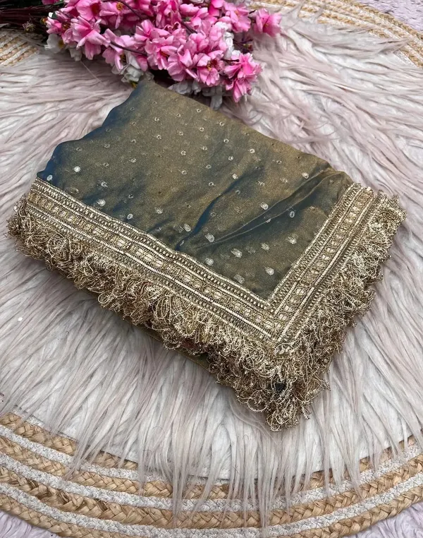 Elegant_Greyblue_Organza_Saree_With_Sequin_Work_And_Golden_Lace_Border
