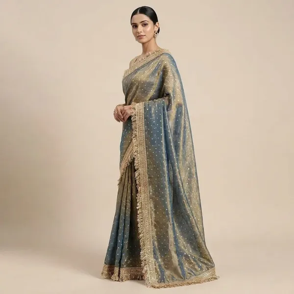 Elegant_Greyblue_Organza_Saree_With_Sequin_Work_And_Golden_Lace_Border