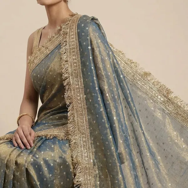 Elegant_Greyblue_Organza_Saree_With_Sequin_Work_And_Golden_Lace_Border