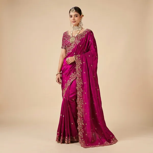 Magenta_Pink_Embroidered_Saree_With_Designer_Blouse_And_Heavy_Jewelry_Set
