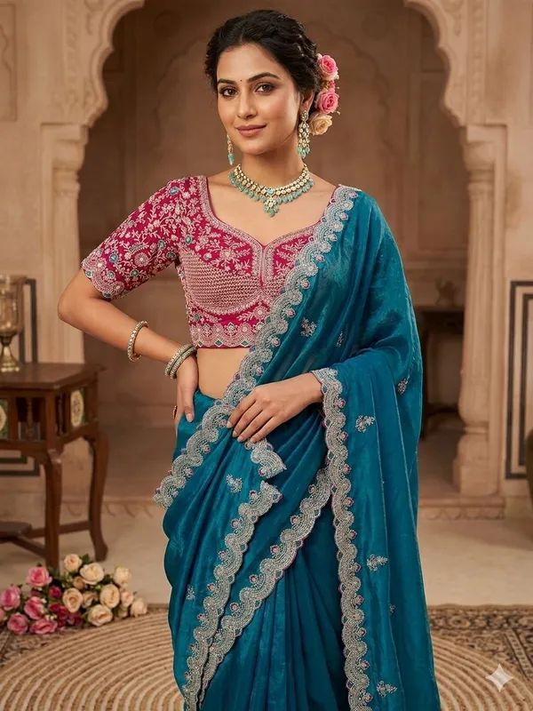 Teal_Blue_Embroidered_Wedding_Saree_With_Pink_Sequin_Blouse