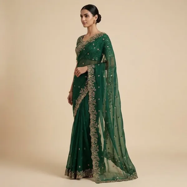 Elegant_Green_Georgette_Saree_With_Embroidered_Border_And_Blouse