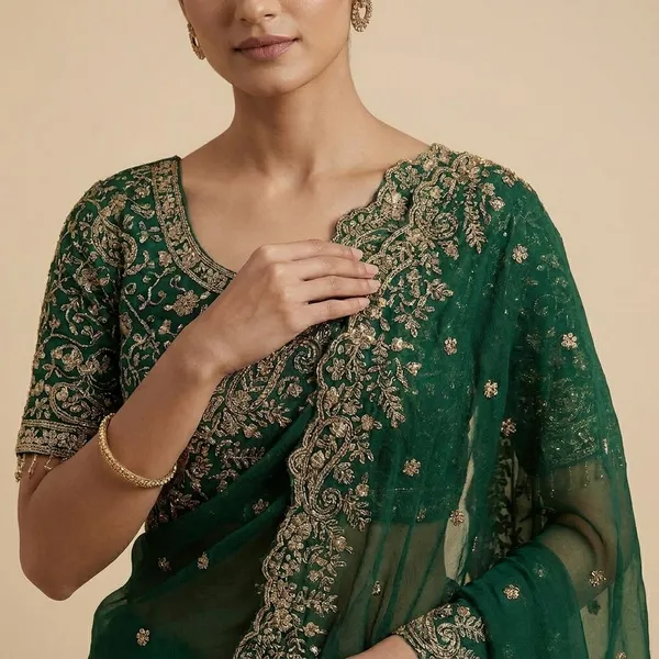 Elegant_Green_Georgette_Saree_With_Embroidered_Border_And_Blouse