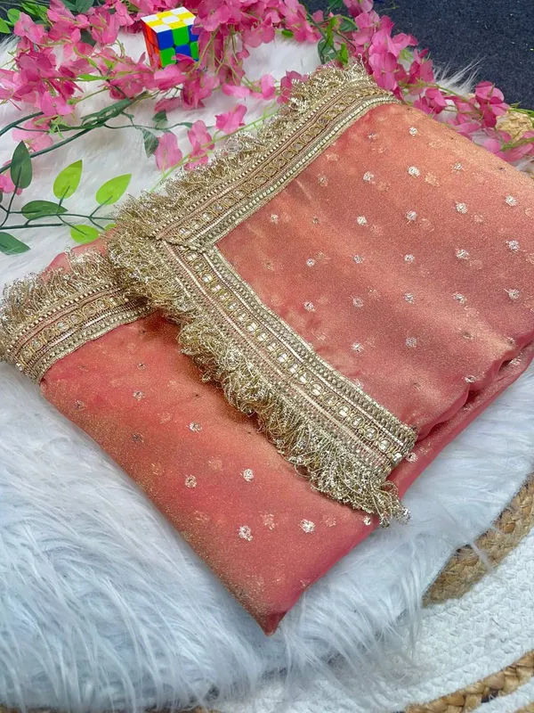 Pink_Embroidered_Organza_Saree_With_Golden_Border_And_Blouse_Piece
