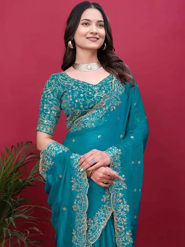 Turquoise_Embroidered_Saree_With_Blouse