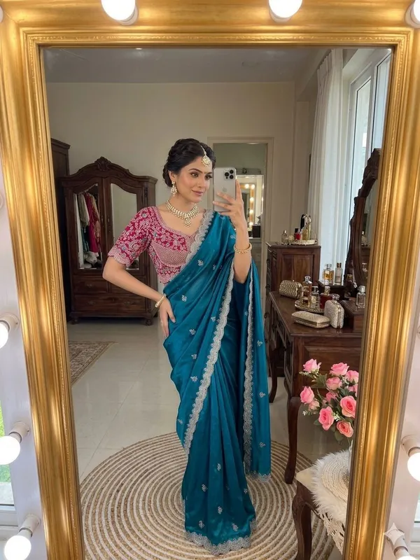 Teal_Blue_Embroidered_Wedding_Saree_With_Pink_Sequin_Blouse