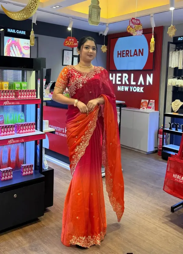 Red_And_Orange_Ombre_Embroidered_Saree_With_Blouse