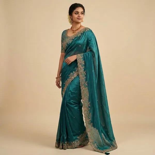 Teal_Green_Embellished_Saree_With_Heavy_Border