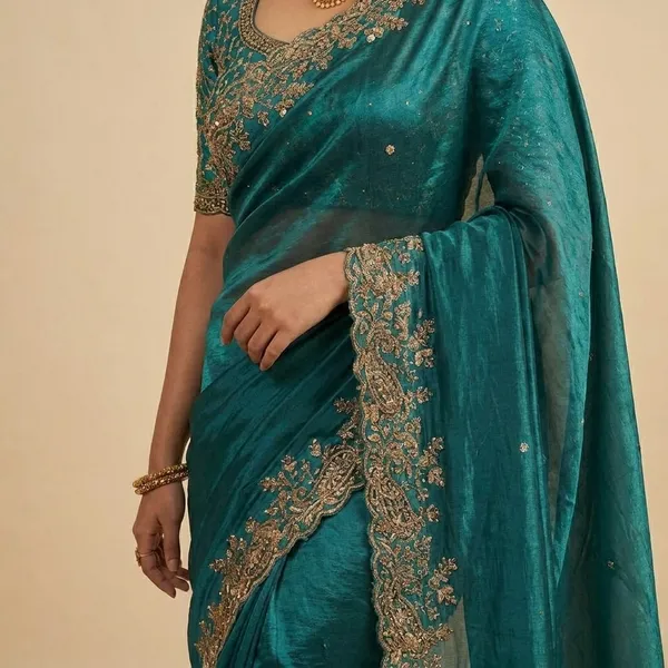 Teal_Green_Embellished_Saree_With_Heavy_Border