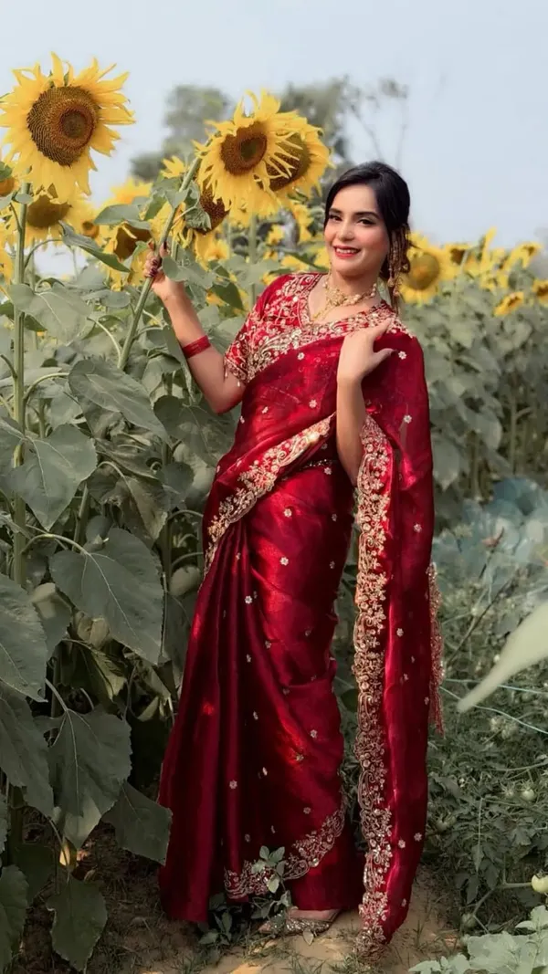 Maroon_Embroidered_Silk_Saree_With_Golden_Border_And_Blouse