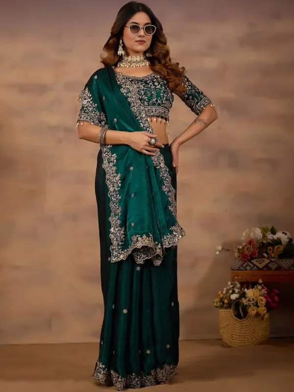 Elegant_Teal_Green_Embellished_Saree_With_Silver_Border_And_Sequin_Work