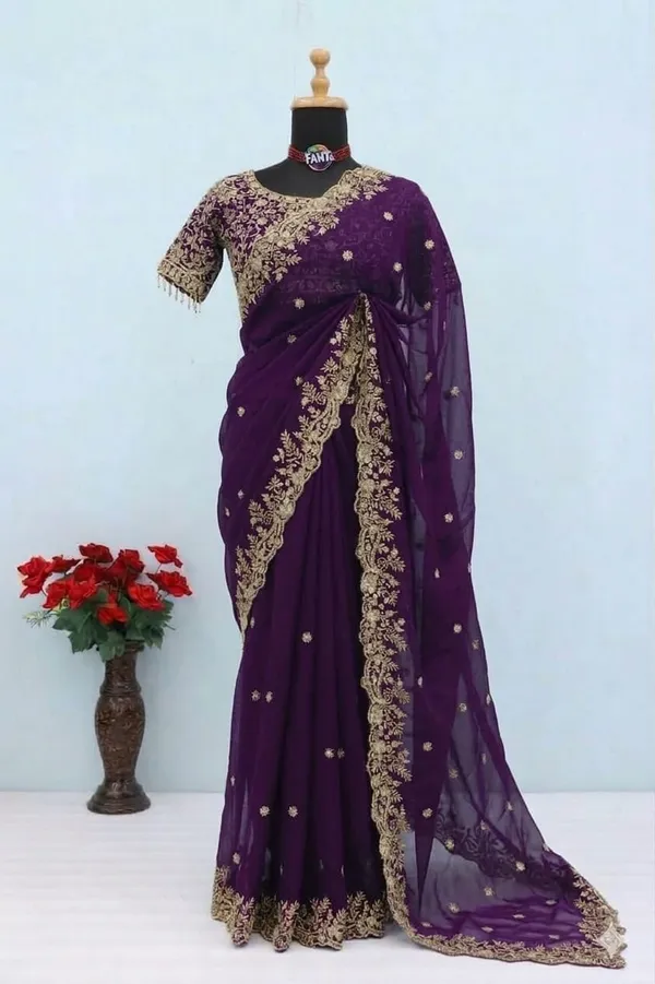 Purple_Embroidered_Saree_With_Golden_Zari_Work_And_Matching_Blouse