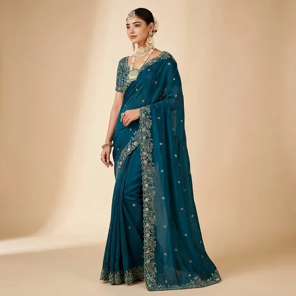 Teal_Blue_Embroidered_Saree_With_Pearl_Jewelry_Set