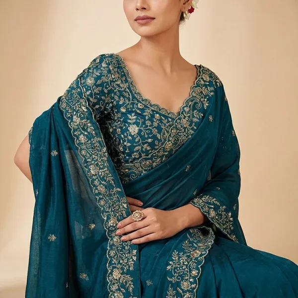 Teal_Blue_Embroidered_Saree_With_Pearl_Jewelry_Set
