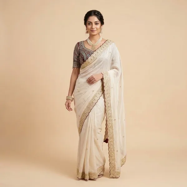 Elegant_Cream_Saree_With_Maroon_Embroidered_Blouse