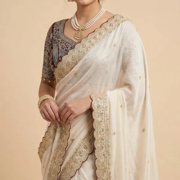 Elegant_Cream_Saree_With_Maroon_Embroidered_Blouse