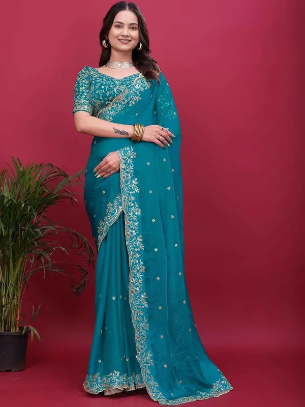 Turquoise_Embroidered_Saree_With_Blouse