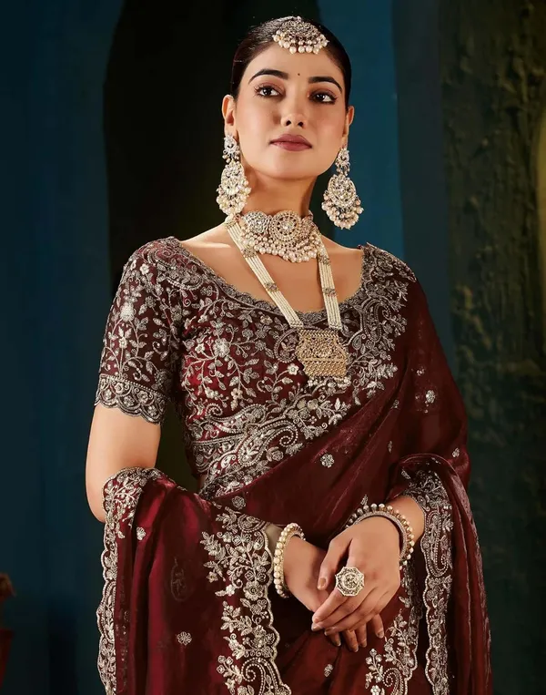 Maroon_Velvet_Embroidered_Saree_With_Heavy_Zari_Work_And_Designer_Blouse