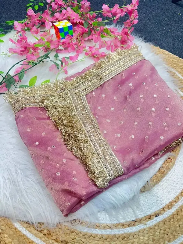 Pink_Organza_Saree_With_Golden_Embroidered_Border_And_Sequin_Work