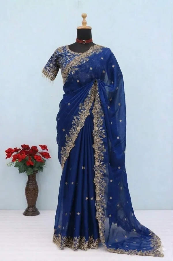 Royal_Blue_Embroidered_Saree_With_Heavy_Border_And_Blouse