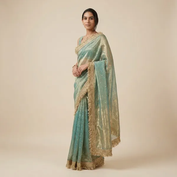 Sea_Green_Embroidered_Saree_With_Golden_Border_And_Dupatta