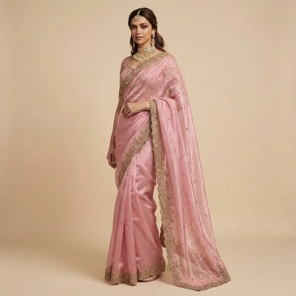 Elegant_Pink_Embroidered_Saree_With_Heavy_Border_And_Blouse