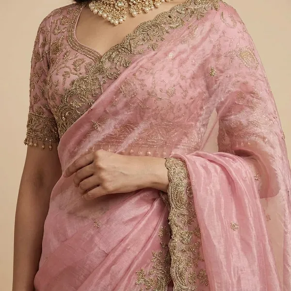 Elegant_Pink_Embroidered_Saree_With_Heavy_Border_And_Blouse