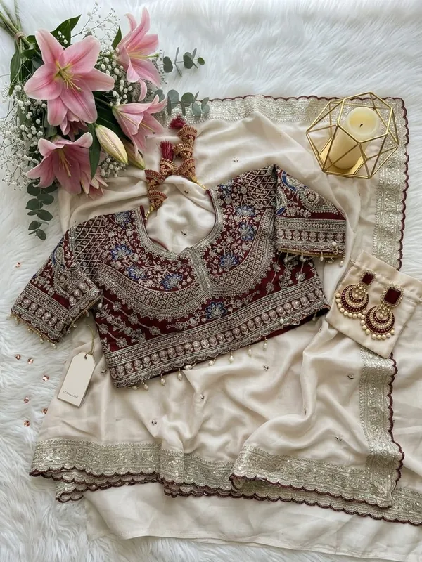 Maroon_Embellished_Blouse_With_Offwhite_Embroidered_Saree/Lehenga_Set