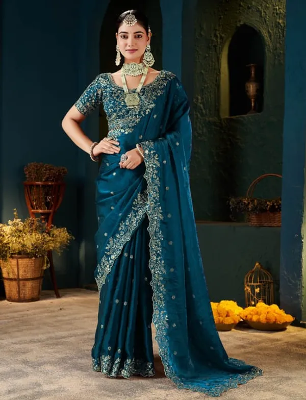 Teal_Blue_Embroidered_Saree_With_Designer_Blouse