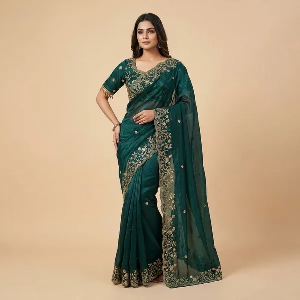 Teal_Green_Embroidered_Saree_With_Designer_Blouse