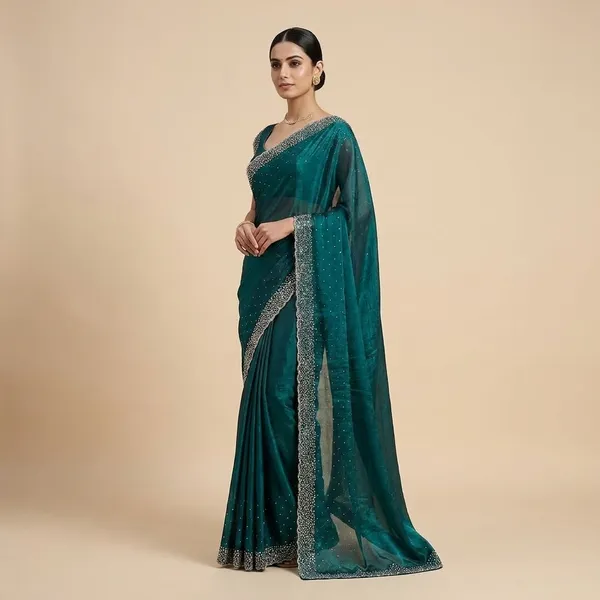 Peacock_Green_Embellished_Saree_With_Blouse