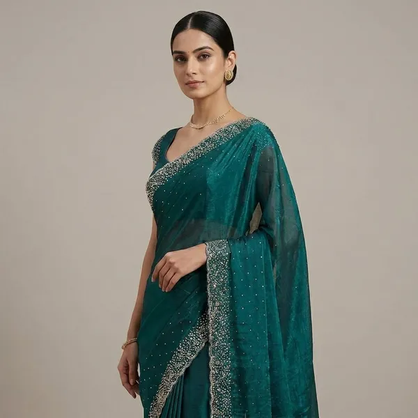 Peacock_Green_Embellished_Saree_With_Blouse