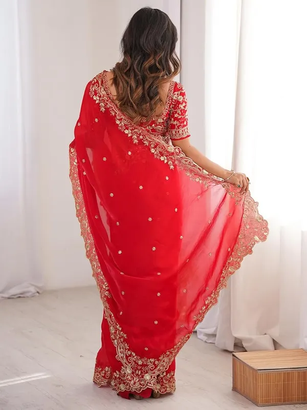 Red_Embroidered_Saree_With_Golden_Embellished_Blouse
