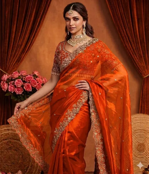Red_And_Orange_Ombre_Embroidered_Saree_With_Blouse