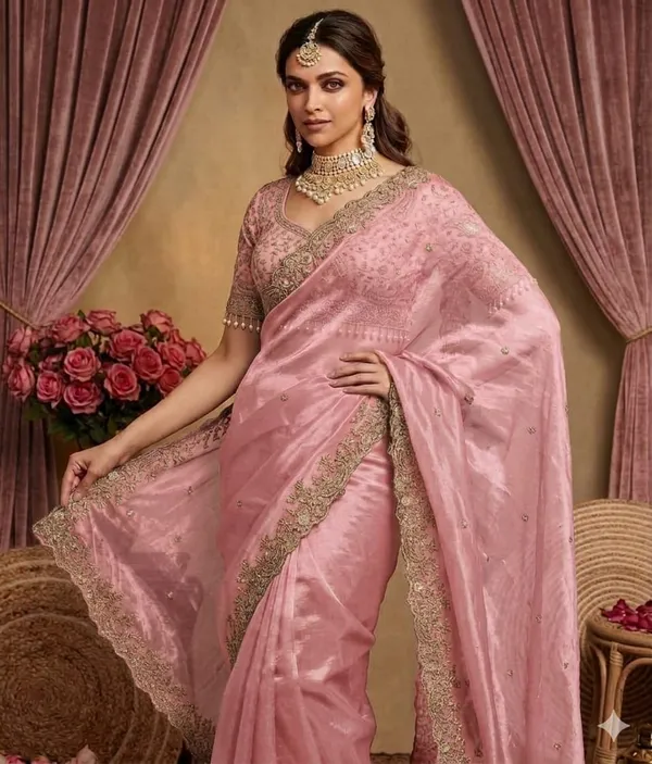 Elegant_Pink_Embroidered_Saree_With_Heavy_Border_And_Blouse