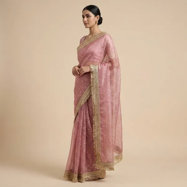 Pink_Organza_Saree_With_Golden_Embroidered_Border_And_Sequin_Work