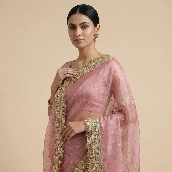 Pink_Organza_Saree_With_Golden_Embroidered_Border_And_Sequin_Work