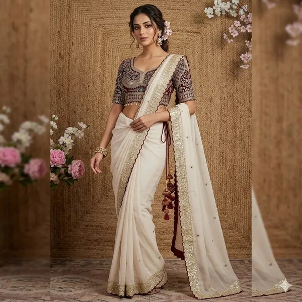 Elegant_Offwhite_Saree_With_Embroidered_Border_And_Contrast_Blouse