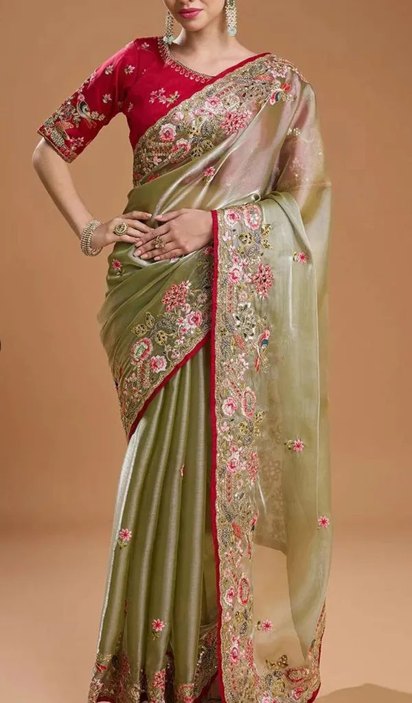 Olive_Green_Embroidered_Saree_With_Red_Blouse