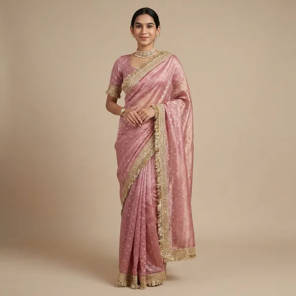 Pink_Embroidered_Organza_Saree_With_Golden_Border_And_Blouse_Piece