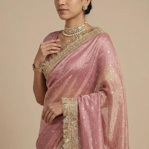 Pink_Embroidered_Organza_Saree_With_Golden_Border_And_Blouse_Piece