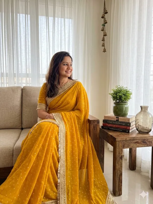 Yellow_Georgette_Saree_With_Embroidered_Border_And_Blouse