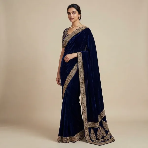 Navy_Blue_Embellished_Net_Saree_With_Heavy_Border