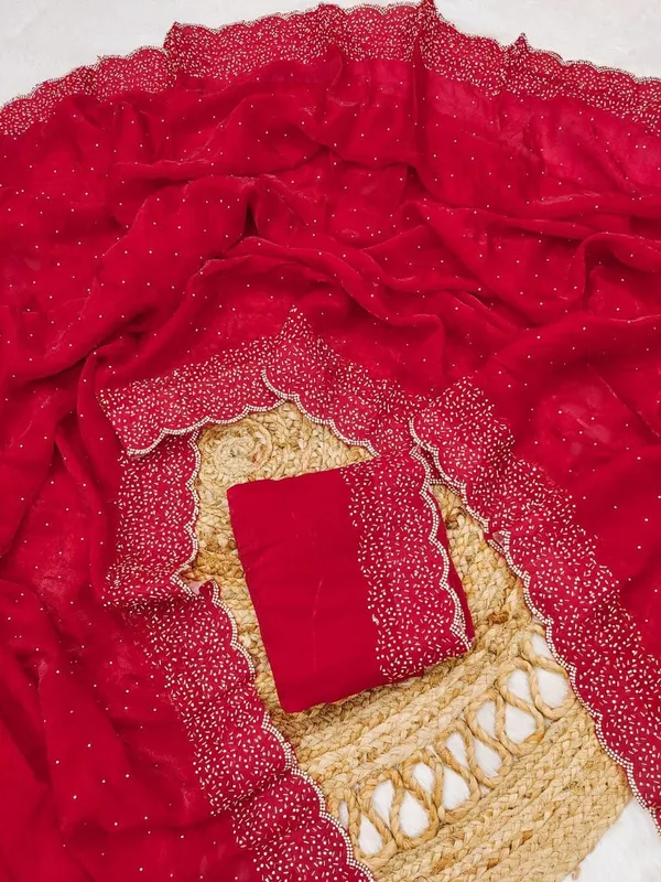 Red_Embellished_Saree_With_Golden_Blouse_And_Dupatta_Set